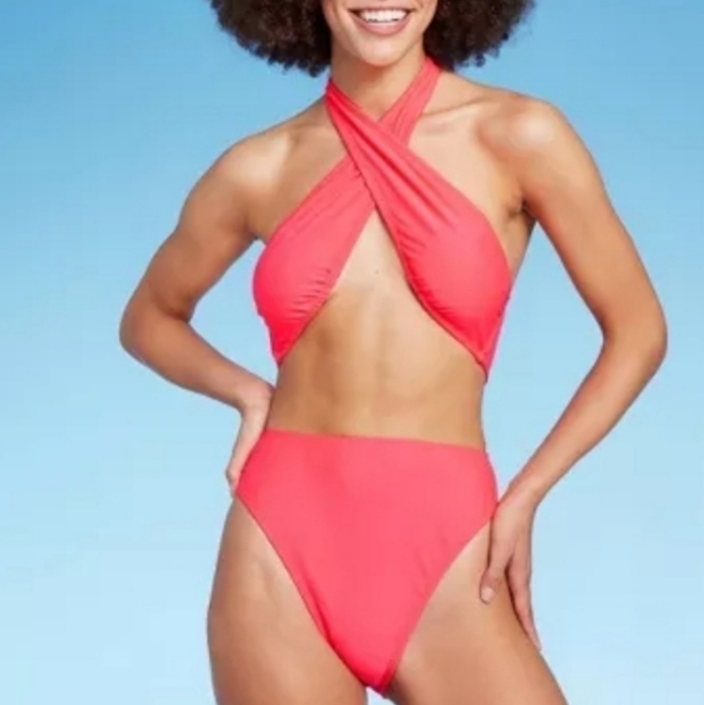 NWT Wild Fable Women’s Coral Cross Halter High-Waist Swimsuit - Size xxs